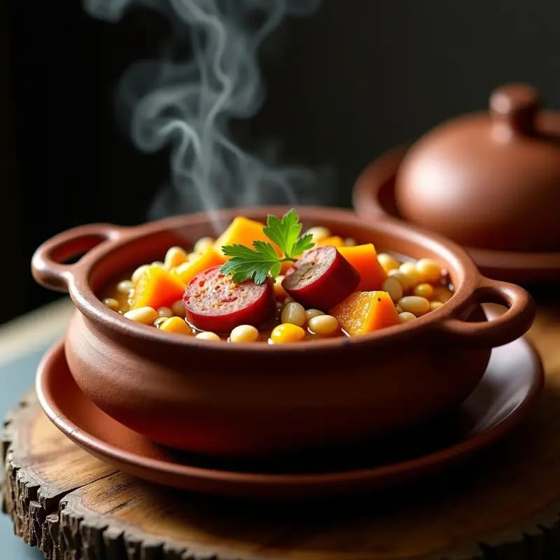 Olla de barro humeante con locro argentino espeso, lleno de cubos de zapallo anco dorado, rodajas de chorizo colorado, granos de maíz y porotos blancos. Decorado con perejil fresco y servido en plato hondo de cerámica rústica sobre mesa de madera.