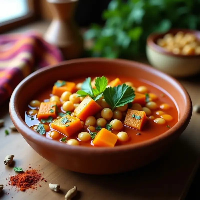 Plato hondo de barro con locro de zapallo y garbanzos vegano, estofado espeso con trozos de zapallo naranja, garbanzos dorados, tofu ahumado y hierbas frescas. Toque ahumado visible en el color y textura cremosa. Fondos de cocina rústica andina.