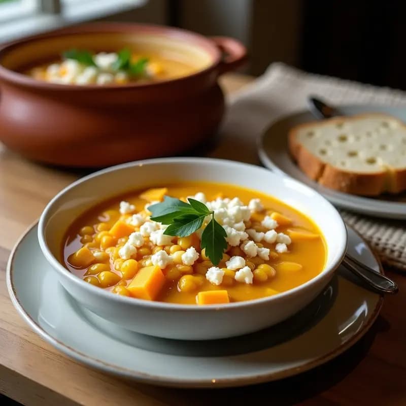 Olla rústica de barro con locro de zapallo y maíz con queso de cabra desmenuzado, servido en plato hondo de cerámica blanca, acompañado de perejil fresco y rodajas de pan sin TACC.