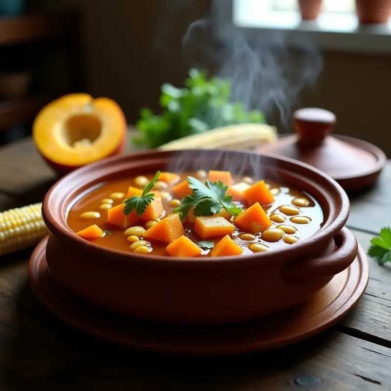 Olla de barro humeante con locro de zapallo y porotos, guiso argentino espeso con trozos de calabaza, maíz y porotos granados, decorado con cilantro fresco sobre fondo rústico de madera.