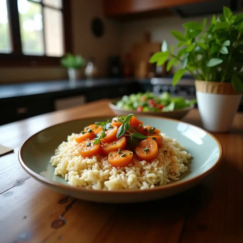 Plato de Lok Lak Camboyano con arroz jazmín blanco, trozos de ternera dorada, huevo frito y ensalada fresca de pepino, cebolla morada y tomate cherry, decorado con hierbas verdes y gajos de limón.