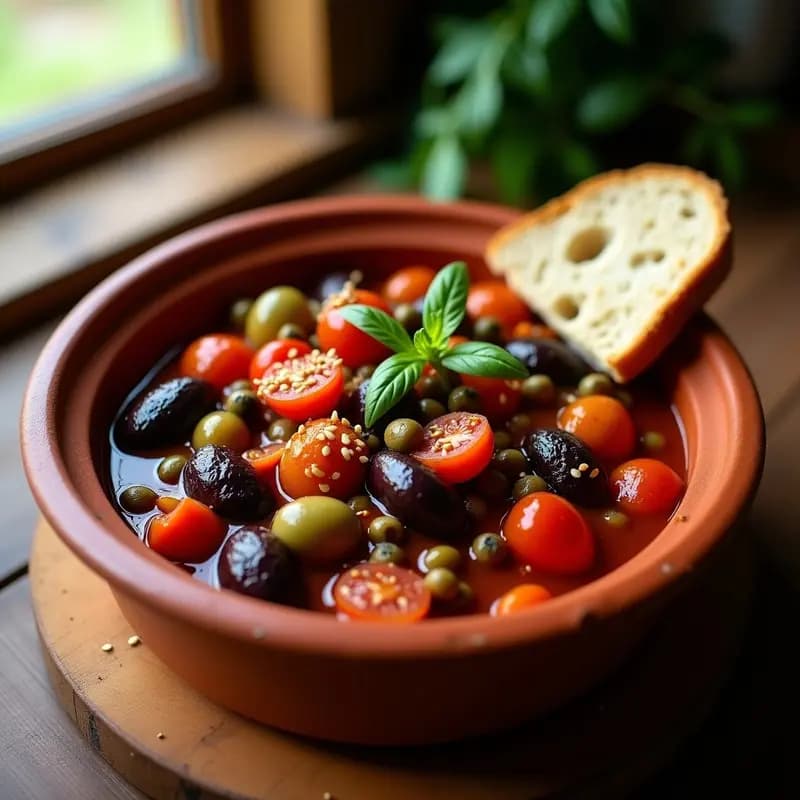 Olla de barro con lokka de berenjena y tomate siciliana, guiso vegano y bajo en calorías, decorado con semillas de sésamo y servido en un plato rústico de cerámica.