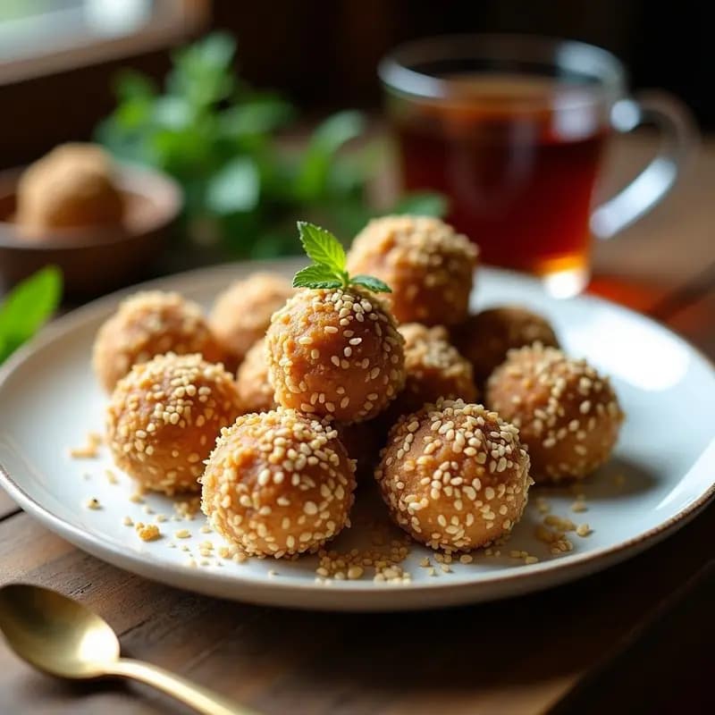 Bolitas doradas de lokma griego con dátiles y nuez, bañadas en miel y cubiertas de semillas de sésamo, dispuestas en un plato de cerámica blanca con detalles azules, acompañadas de hojas de menta fresca y rodajas de naranja.