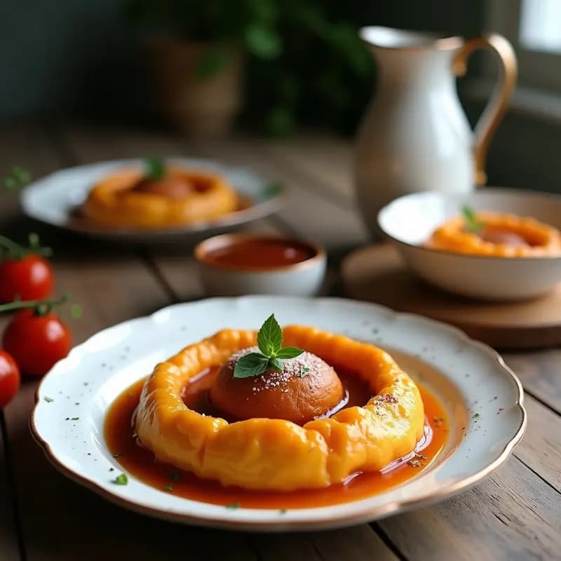 Lokma turca vegana y sin gluten, bolitas doradas de harina de coco bañadas en almíbar transparente con pistachos picados, servidas en plato blanco con agua de rosas y canela.