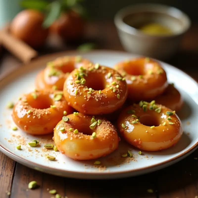 Lokma turca vegana de harina de garbanzo en forma de donas doradas, glaseadas con sirope de agave y canela, decoradas con sésamo y pistachos picados, servidas en un plato de cerámica blanca sobre fondo rústico.