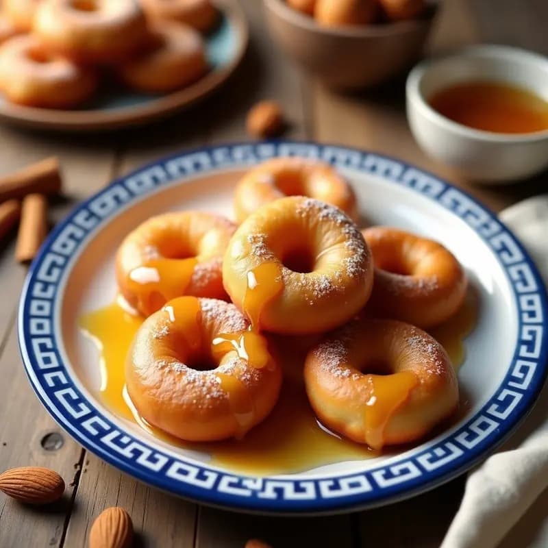 Buñuelos dorados y esponjosos de Lokma griega sin gluten en airfryer, bañados en sirope de miel y canela, decorados con semillas de sésamo y nueces picadas sobre un plato de cerámica blanca.