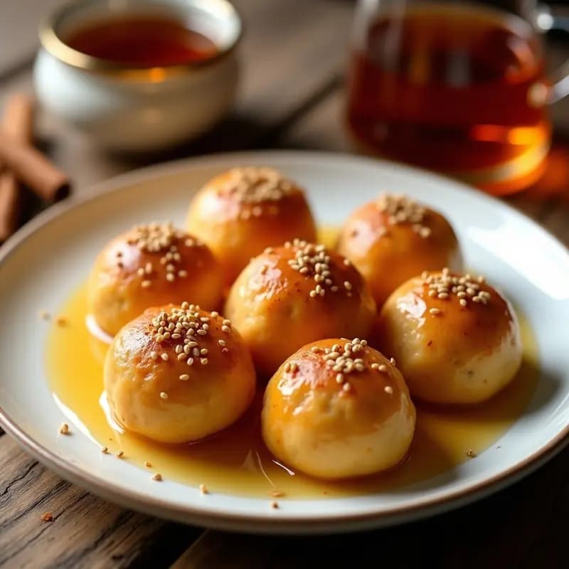 Plato blanco con bolitas doradas de Lokma de yogur griego bañadas en almíbar de miel y canela, espolvoreadas con semillas de sésamo y canela en polvo, fondo rústico con té de hierbas.
