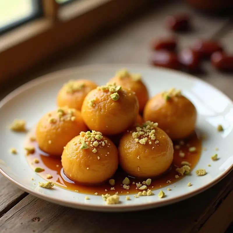 Lokmas doradas y esponjosas de semolina y cardamomo bañadas en jarabe de dátil brillante, decoradas con pistachos picados sobre un plato de cerámica blanca con fondo rústico.
