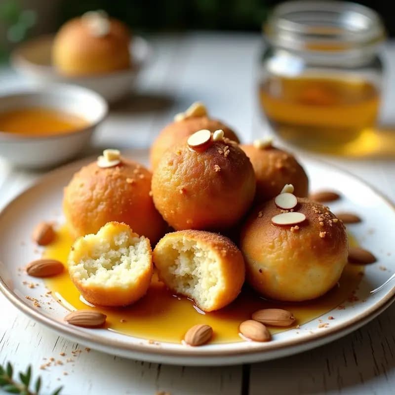 Lokma de semolina y miel griega en airfryer: bolitas doradas y crujientes bañadas en miel brillante de tomillo, decoradas con almendras fileteadas y canela, servidas en plato blanco rústico.