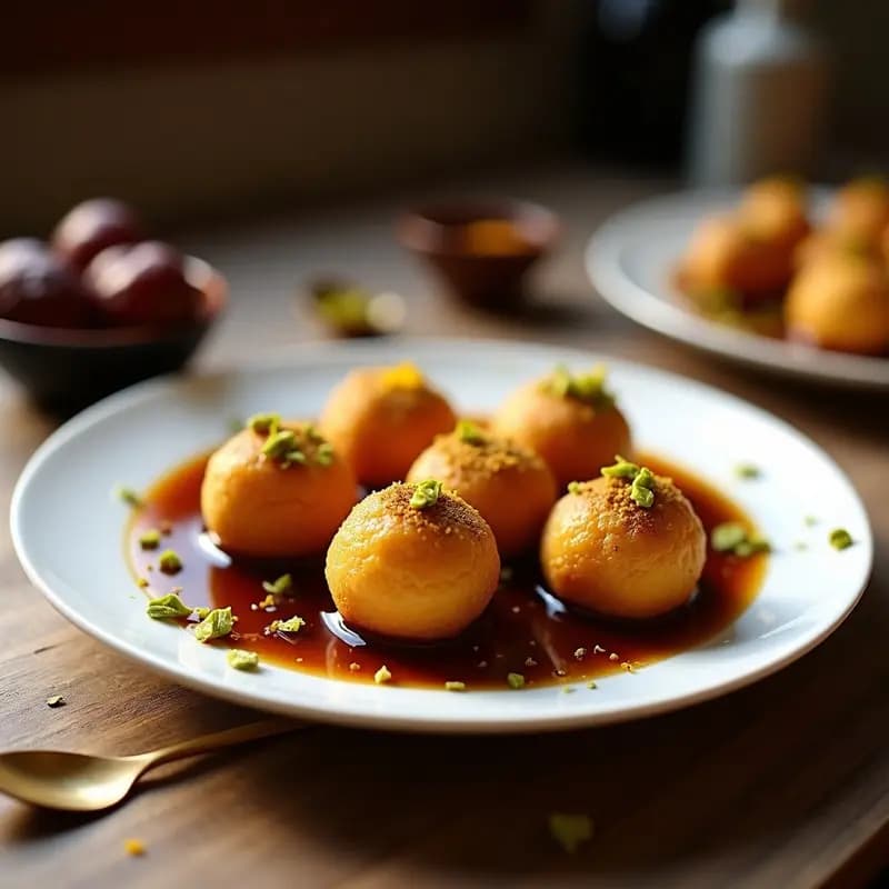 Plato blanco con lokmas turcas doradas y esponjosas bañadas en sirope de dátiles oscuro, espolvoreadas con pistachos picados y un toque de cardamomo. Postre frito sin azúcar refinada con textura crujiente y aroma especiado.