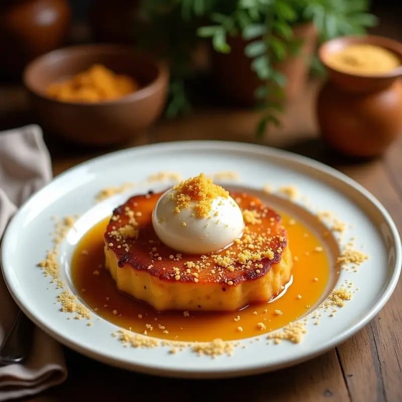 Plato blanco con lokmas turcas doradas bañadas en miel y canela, acompañadas de una bola de helado de sésamo cremoso con semillas tostadas, postre mediterráneo sin gluten.