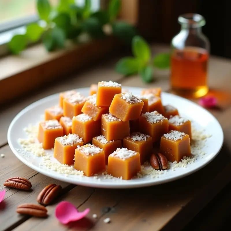 Cubos dorados de lokum de dátiles y nuez con esencia de agua de azahar, espolvoreados con coco rallado, dispuestos en una fuente de porcelana blanca con pétalos de rosa y hojas de menta fresca alrededor.