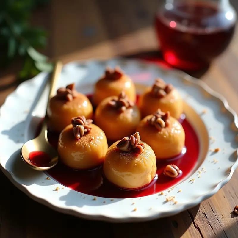 Plato blanco con lokumas turcas doradas bañadas en sirope de granadina brillante, decoradas con nueces pecanas picadas y un polvo de canela. Postre árabe tradicional con textura esponjosa y color rojo intenso.
