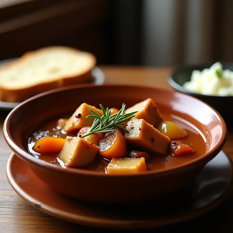 Plato hondo de barro con trozos tiernos de lombardo de cerdo estofado, ciruelas cristalizadas doradas y ramitas de romero fresco. El guiso brilla con una salsa espesa y dorada, servido sobre un fondo rústico de madera con pan fresco a un lado.