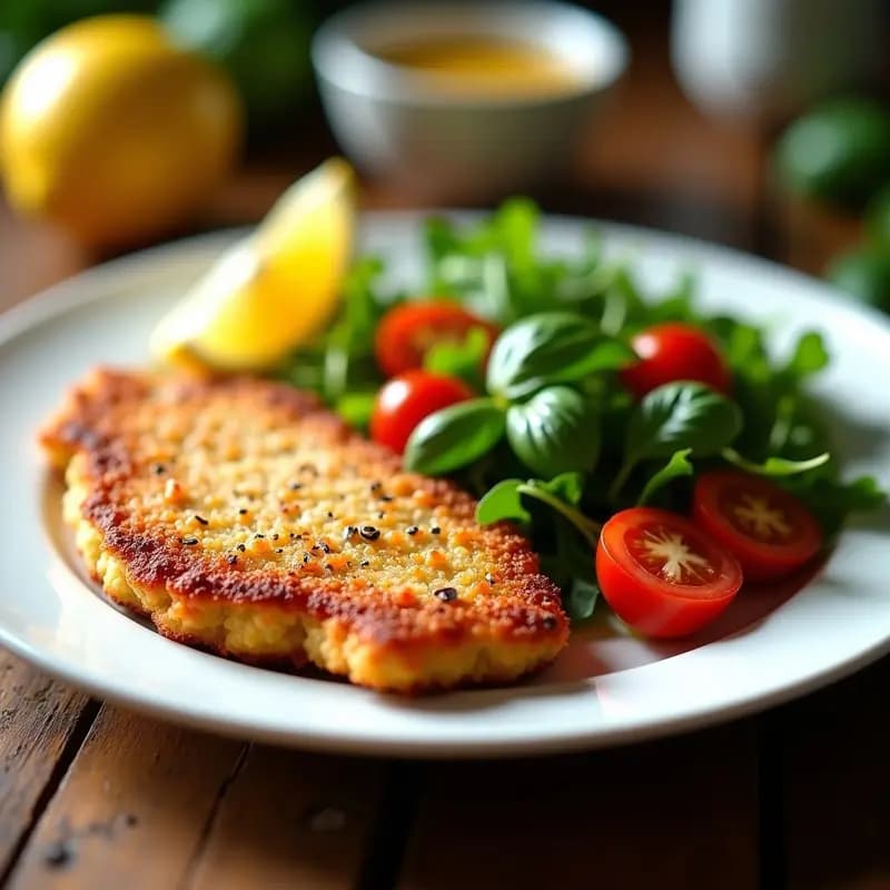 Plato blanco con lombardo a la milanesa dorado y crujiente en airfryer, acompañado de ensalada de rúcula fresca, tomates cherry y vinagreta de limón y miel. Receta italiana baja en calorías y alta en proteína.