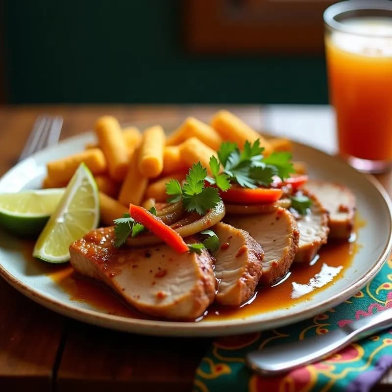 Plato colorido con filetes dorados de lomitito de cerdo a la cubana, acompañados de bastones crujientes de yuca frita, cebolla morada y pimiento rojo salteados, decorado con cilantro fresco y gajos de limón sobre un mantel rústico.
