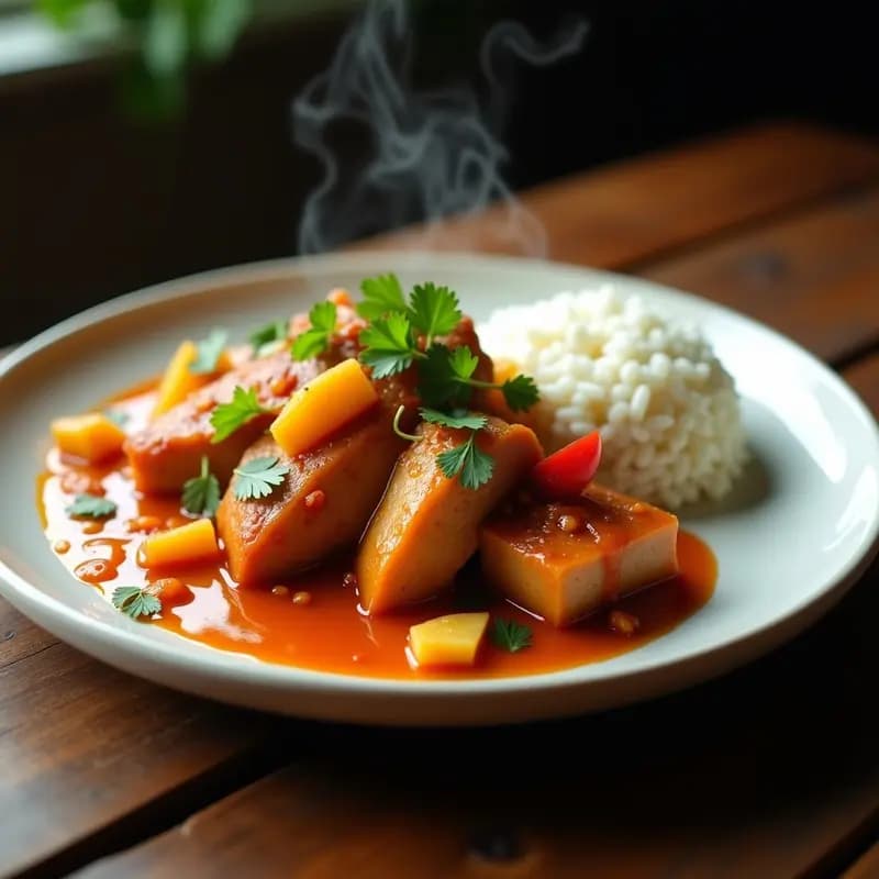 Plato de lomito de cerdo en filetes dorados bañados en salsa espesa de piña caramelizada y chile habanero, decorado con cilantro fresco y servido sobre arroz blanco con rodajas de lima al lado. Receta cubana dulce-picante.
