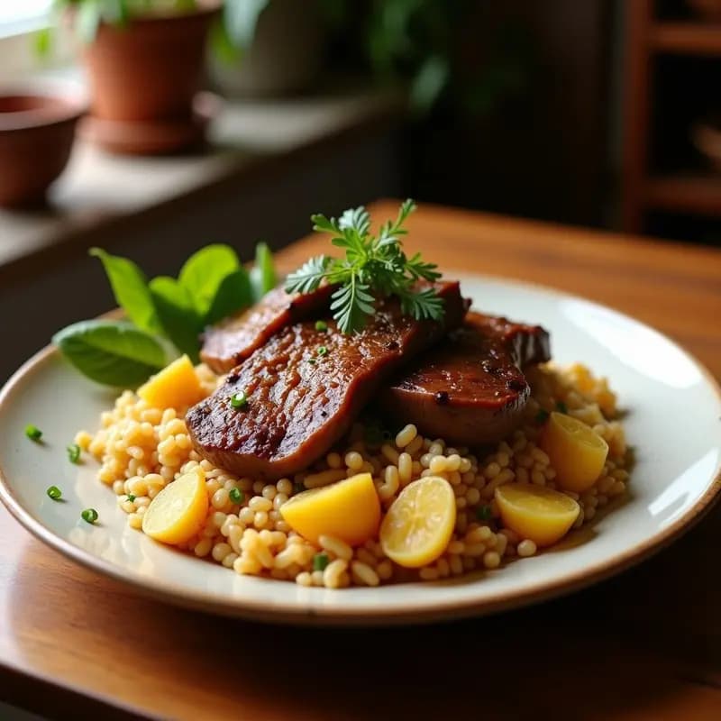 Plato hondo con Lomito Saltado Peruano-Chino: trozos de lomo de cerdo salteado con cebolla, tomate y huevo en hebras sobre arroz jazmín blanco, acompañado de papas fritas doradas y crujientes. Decorado con cilantro fresco.