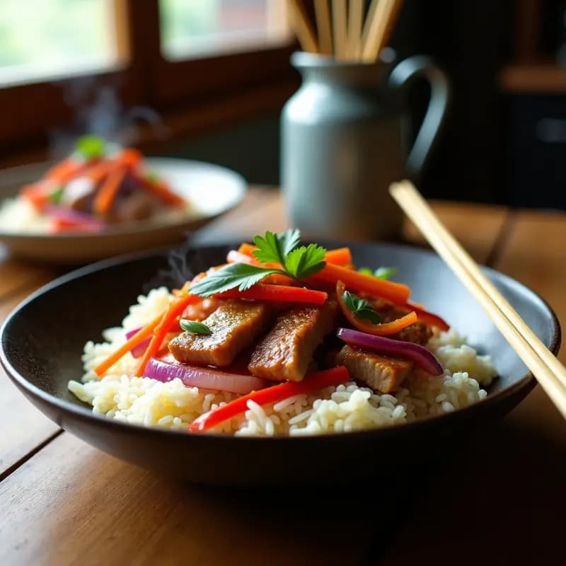 Wok de acero humeante con Lomito Saltado a la Chifa sobre arroz jabonero blanco y esponjoso, mezclado con tiras de lomito de cerdo dorado, cebolla morada, pimiento rojo y zanahoria en juliana. Decorado con cilantro fresco y un toque de aceite de sésamo brillante.