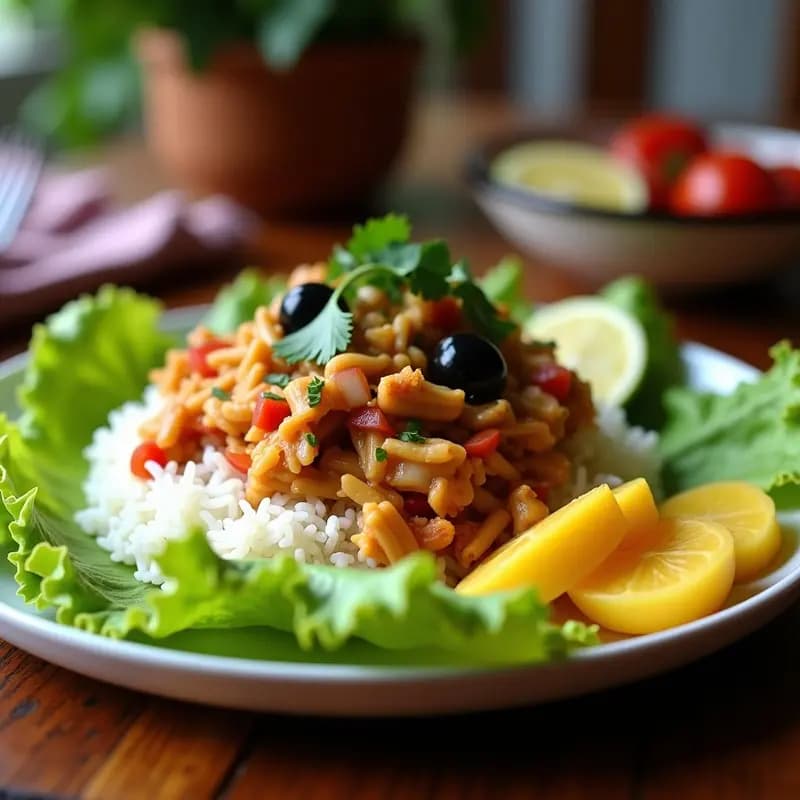 Plato hondo de cerámica negra con Lomito Saltado de Jackfruit vegano, arroz blanco esponjoso, rodajas de papa amarilla cubiertas de salsa huancaína cremosa de color amarillo y cilantro fresco. Receta peruana fusion completa y colorida.