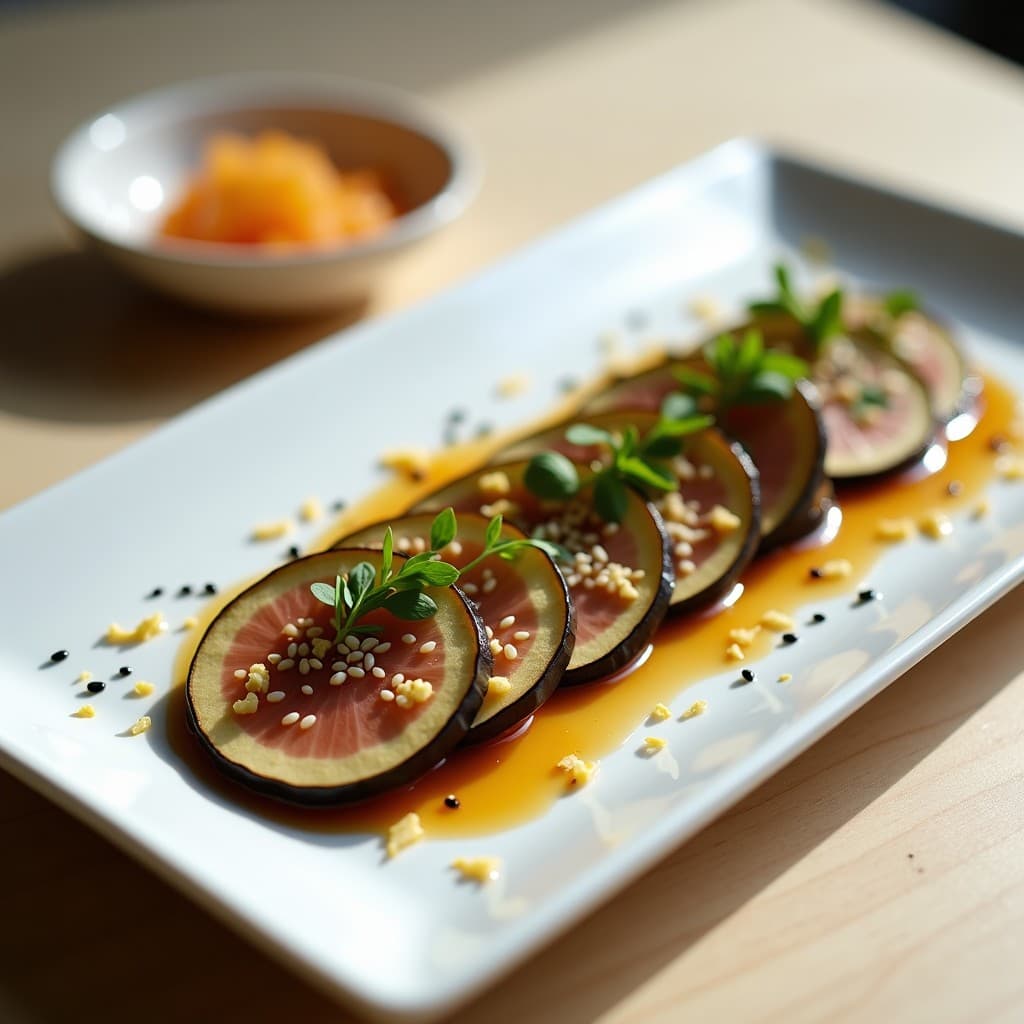 Plato blanco alargado con lomitos de berenjena cruda marinados en salsa de miso y jengibre, decorados con semillas de sésamo negro y blanco, cebollino picado y ralladura de limón. Entrante japonés crudivegano elegante y colorido.