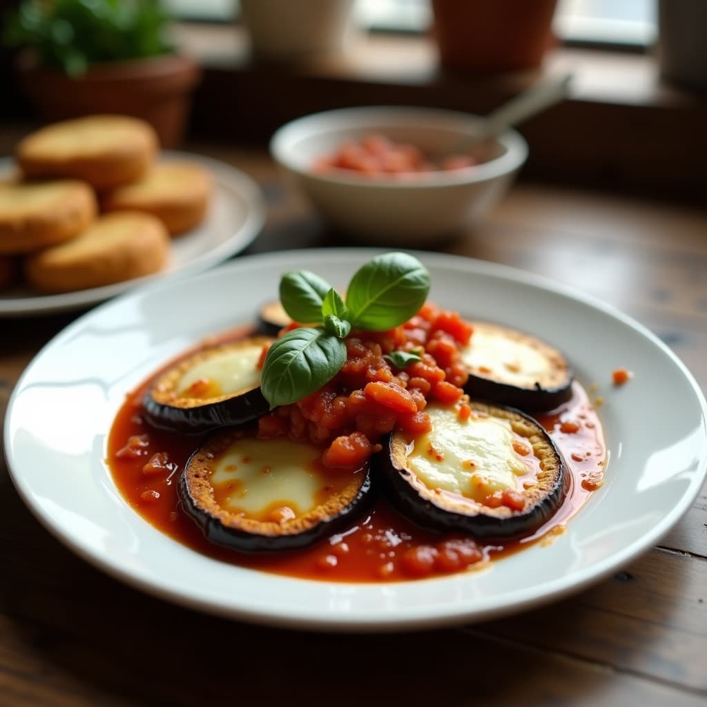 Lomitos de berenjena a la pizzaiola con queso vegano fundido en airfryer, servidos en plato blanco con salsa de tomate casera y albahaca fresca.