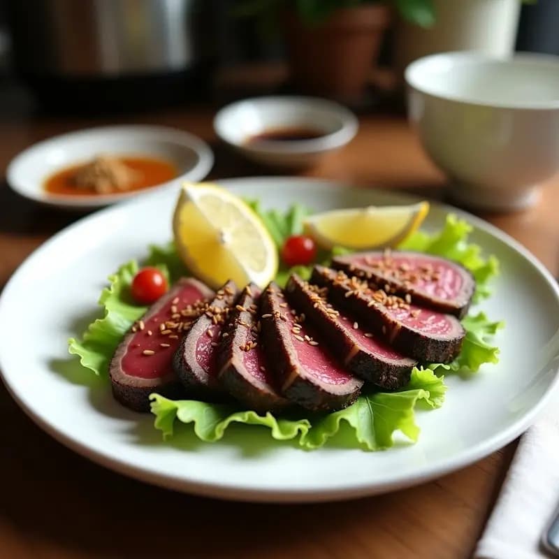 Plato elegante con lomo de atún en costra de café y especias, cortado en rodajas sobre base de lechuga, con sésamo tostado y un hilo de salsa de soja, receta japonesa gourmet en Thermomix.