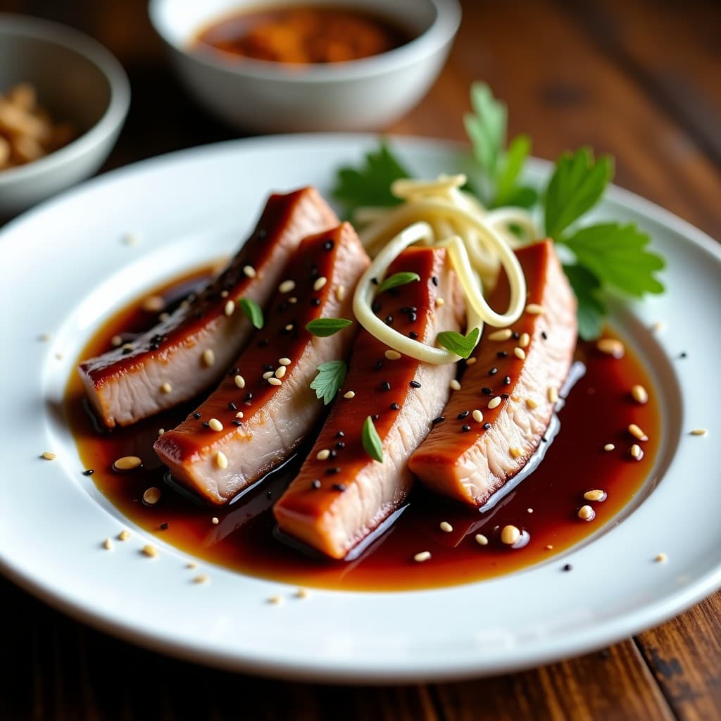 Plato de porcelana blanca con filetes de lomo de cerdo glaseado brillante, cubiertos de salsa de tamarindo oscura, semillas de sésamo negro y cebolla morada en juliana. Acompañado de cacahuetes picados y brotes de soja frescos, sobre fondo de madera rústica.