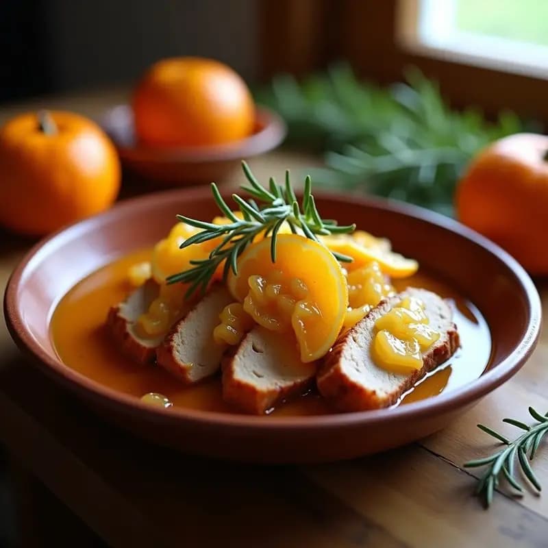 Plato hondo de barro con filetes de lomo de cerdo glaseados en salsa de naranja y miel, decorado con gajos de naranja y romero fresco, típico de la cocina murciana.