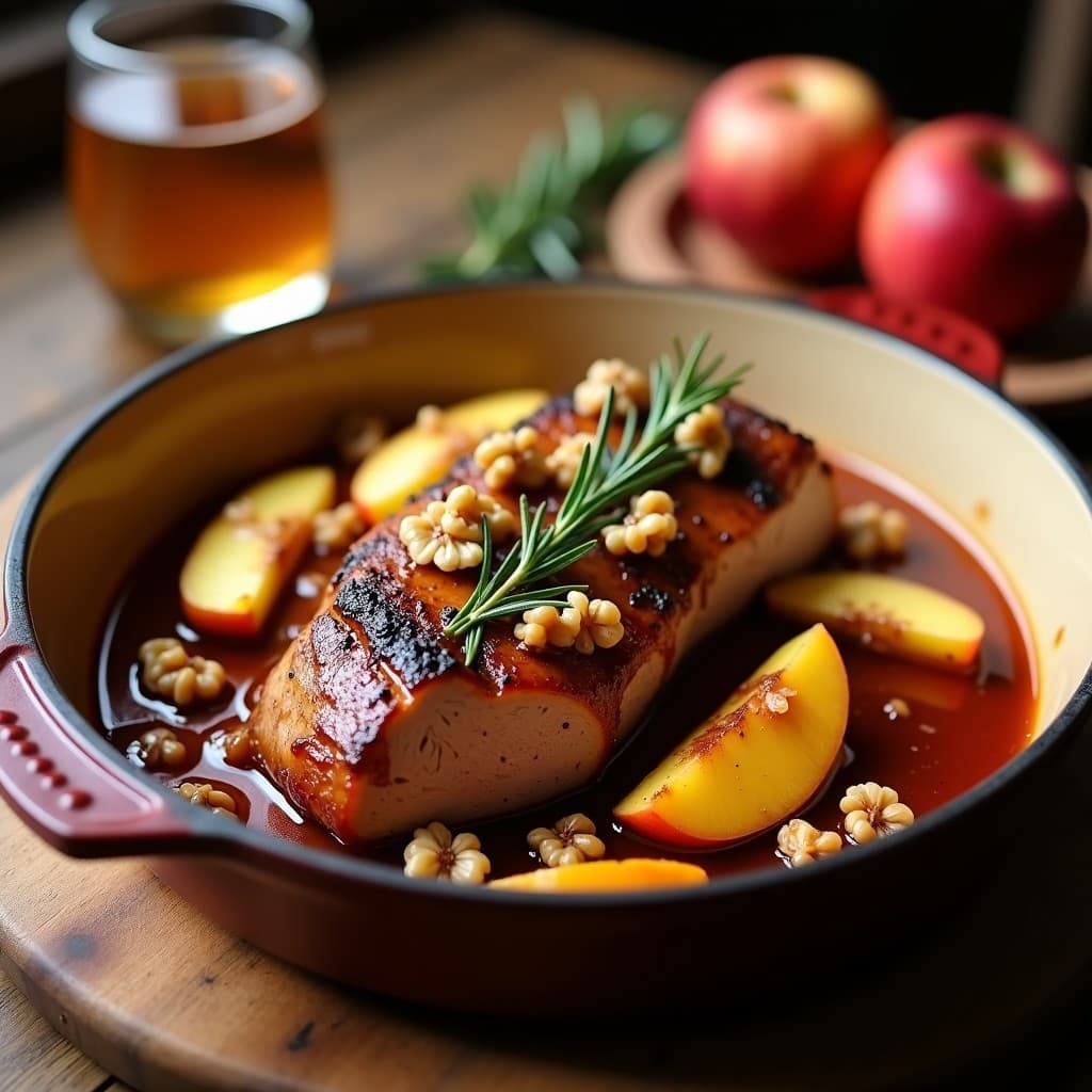 Plato hondo de barro con lomo de cerdo en salsa de sidra y manzanas, receta española tradicional en olla lenta. La carne está tierna y bañada en una salsa espesa de color ámbar, acompañada de gajos de manzana dorados y verduras. Ideal para una comida reconfortante.