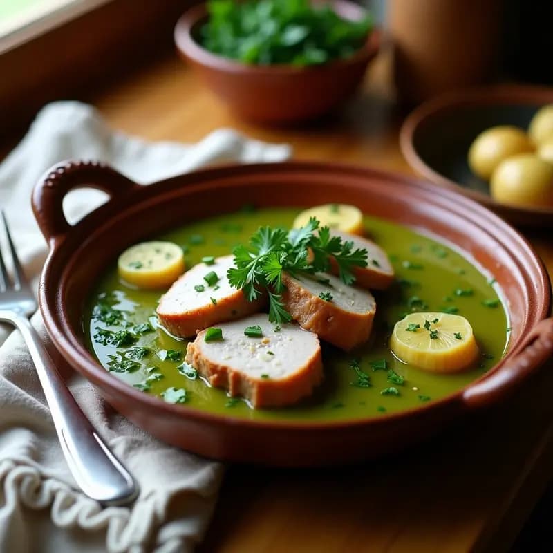 Plato hondo de barro con filetes de lomo de cerdo en salsa verde espesa, decorado con perejil fresco y acompañados de pimienta verde. Receta tradicional extremeña con ajo y perejil.