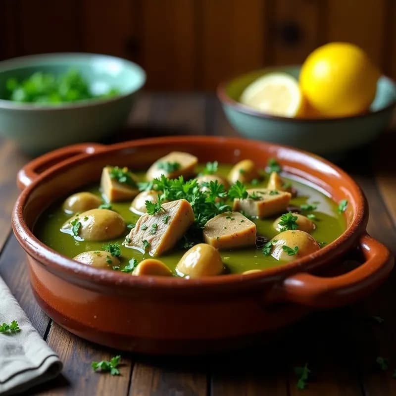 Cazuela de barro con lomo de cerdo en salsa verde con almejas, perejil fresco espolvoreado y rodajas de limón, servido en plato rústico sobre fondo de madera oscura.