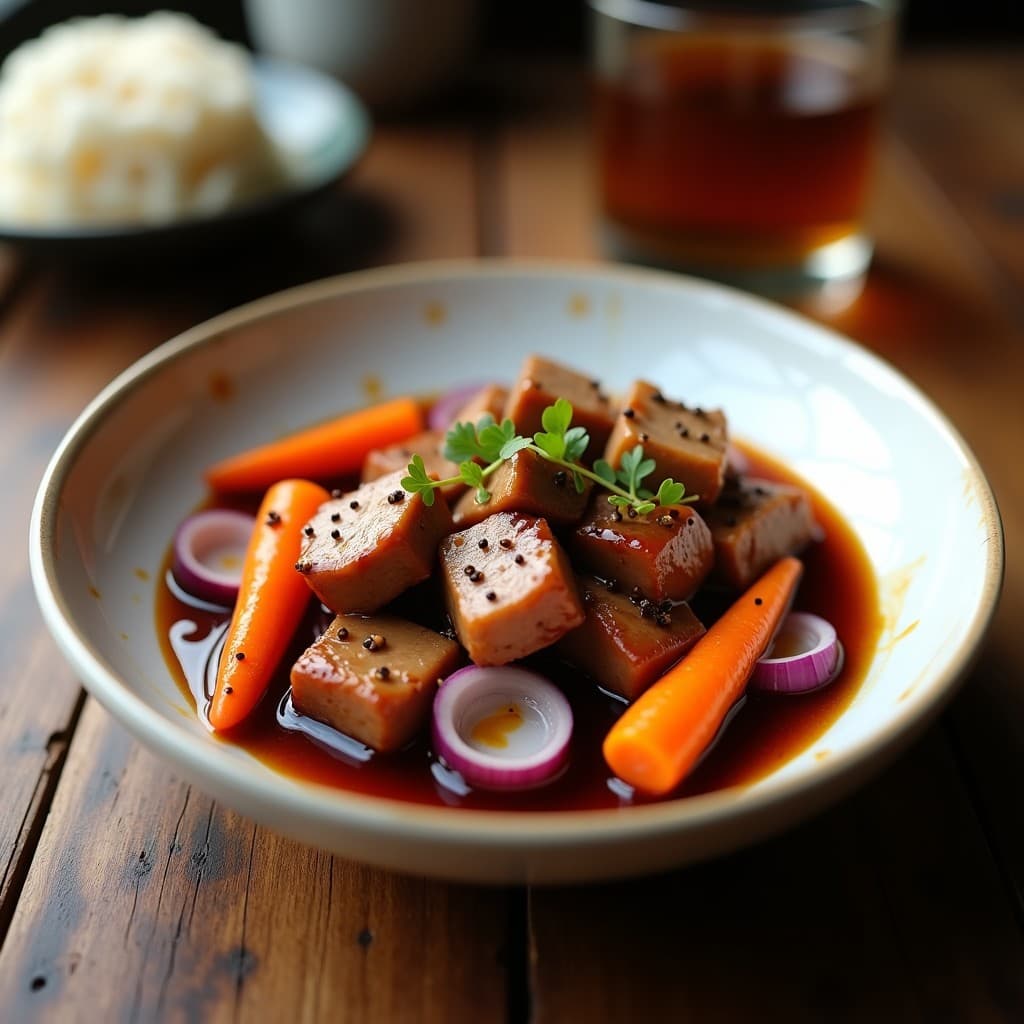 Plato de cerámica blanca con lomo de cerdo en salsa de soja y miel glaseado, decorado con semillas de sésamo y cilantro fresco, servido sobre arroz basmati. Receta china en olla lenta.