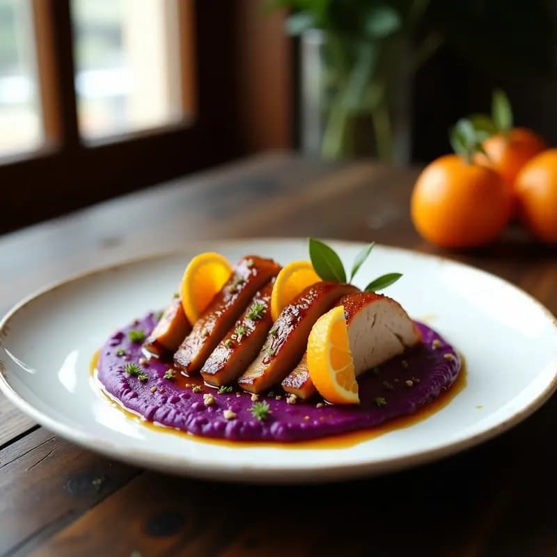 Plato elegante con rodajas de lomo de cerdo glaseado en salsa de naranja reducida, acompañado de puré de batata morada cremoso y gajos de naranja fresca como decoración. Receta española en olla con toque cítrico.