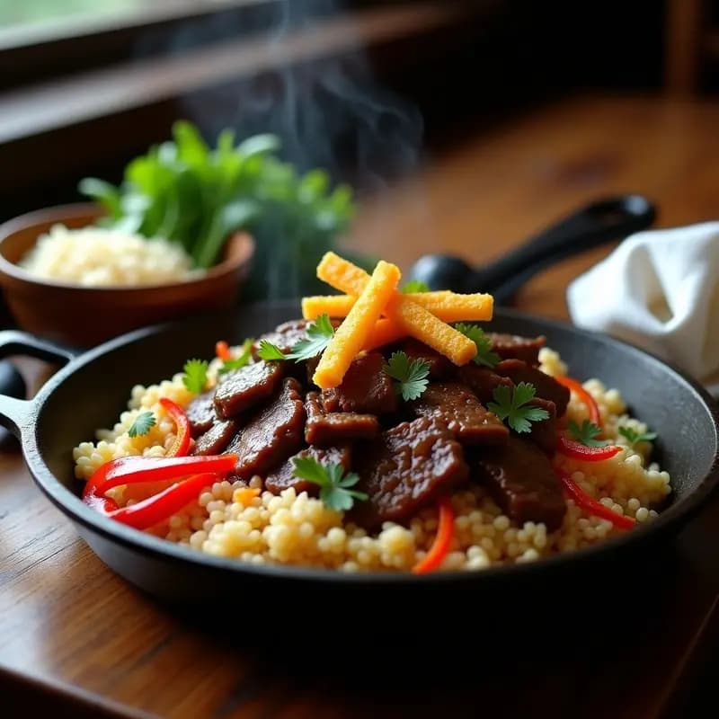 Plato hondo de cerámica blanca con lomo saltado de ternera en tiras, palillos de cebolla morada crujientes, trozos de tomate y pimiento verde, sobre un lecho de arroz basmati esponjoso. Decorado con semillas de sésamo tostadas y hojas de culantro fresco. Fondos borrosos de utensilios de cocina y especias.