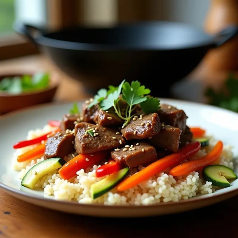 Plato blanco con Lomo Saltado con Arroz Basmati y Palillos de Vegetales: tiernas tiras de carne salteada con zanahoria, pimiento rojo y calabacín en bastones, sobre arroz basmati esponjoso. Decorado con cilantro fresco y semillas de sésamo tostadas.