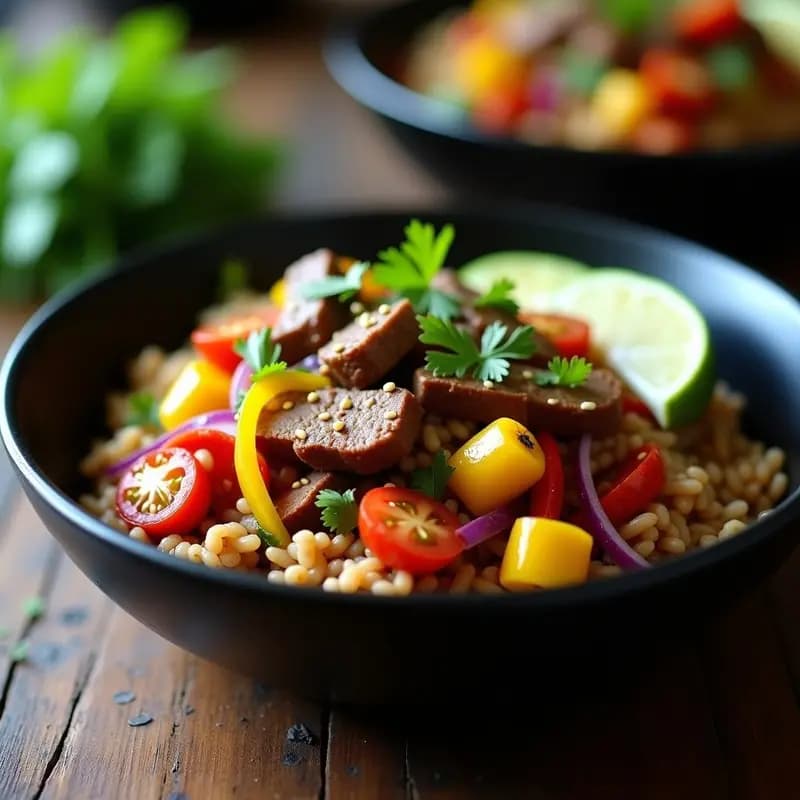 Plato hondo de cerámica negra con Lomo Saltado peruano-chino: tiras de ternera dorada, pimientos rojos y amarillos, cebolla morada salteada sobre arroz integral esponjoso, coronado con cubos de palta cremosa y cilantro fresco. Receta alta en proteína y fibra.
