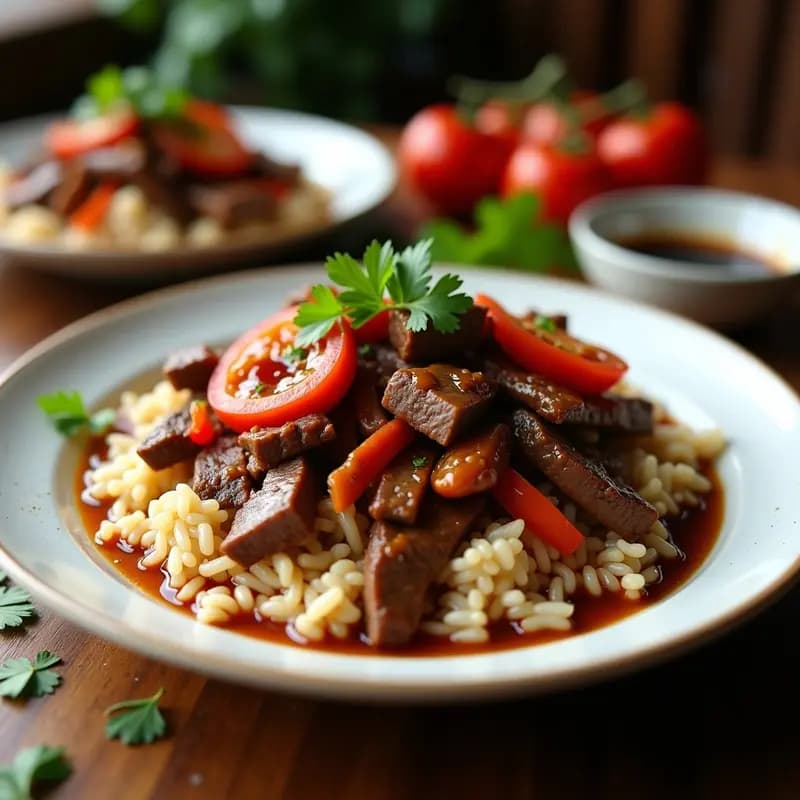Plato hondo de cerámica negra con lomo saltado peruano: tiras de carne dorada salteada con cebolla morada, tomate rojo y ají amarillo, servido sobre arroz integral. Decorado con cilantro fresco y rodajas de limón al lado.