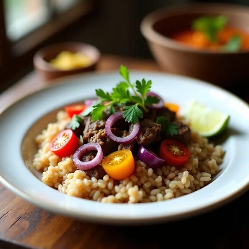 Plato hondo de cerámica oscura con Lomo Saltado: trozos dorados de ternera salteada con cebolla morada, tomate y perejil, servido sobre arroz integral. Decorado con un hilo de aceite de sésamo y rodajas de aguacate al lado.