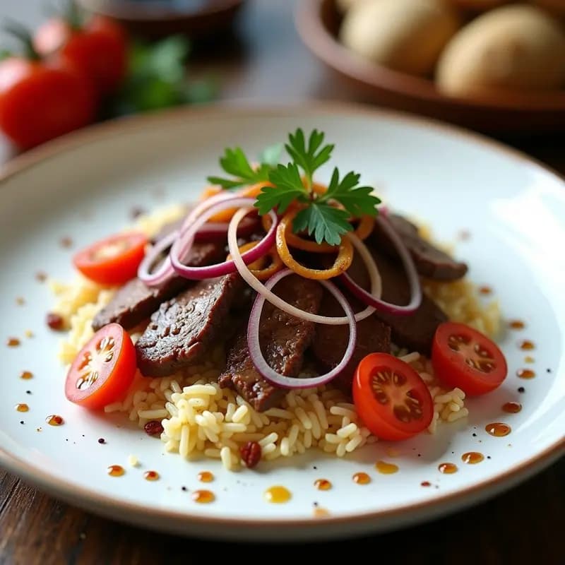 Plato hondo de cerámica blanca con lomo saltado de res en salsa oscura, sobre una cama de arroz jaspeado morado. Acompañado de cebolla morada caramelizada y cilantro fresco. Receta peruana en sartén.
