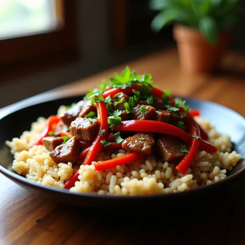 Plato de Lomo Saltado con Arroz Jiaolong y Salsa de Soja: tiras de lomo de cerdo doradas salteadas con cebolla morada, pimiento rojo y brotes de soja sobre una cama de arroz Jiaolong blanco y esponjoso, decorado con cilantro fresco y un toque de pimienta de Sichuan.