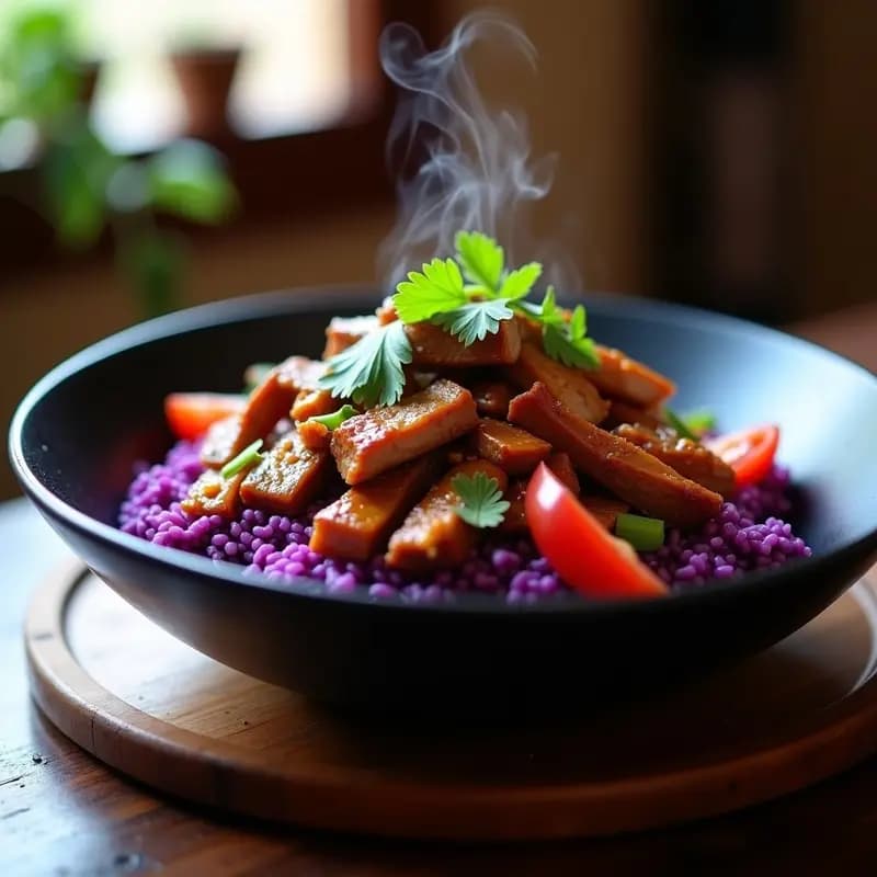 Plato hondo de cerámica negra con Lomo Saltado de cerdo magro en salsa oscura y brillante, servido sobre arroz morado vibrante. Acompañado de rodajas de tomate, cebolla roja y pimiento salteados, con cilantro fresco espolvoreado. Estilo rústico y apetitoso, típico de la cocina peruana en wok.