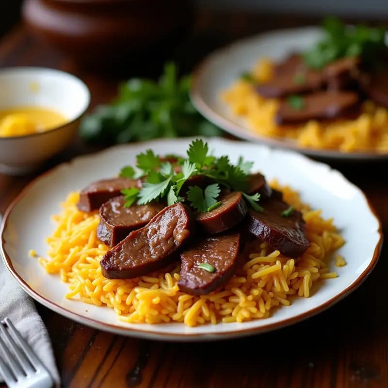 Plato hondo de cerámica blanca con Lomo Saltado Peruano: tiras de carne de res dorada salteada con cebolla roja, tomate y salsa oscura, servido sobre arroz jazmín esponjoso y acompañado de rodajas de palta hass cremosa. Decorado con culantro fresco y un chorrito de aceite de sésamo.