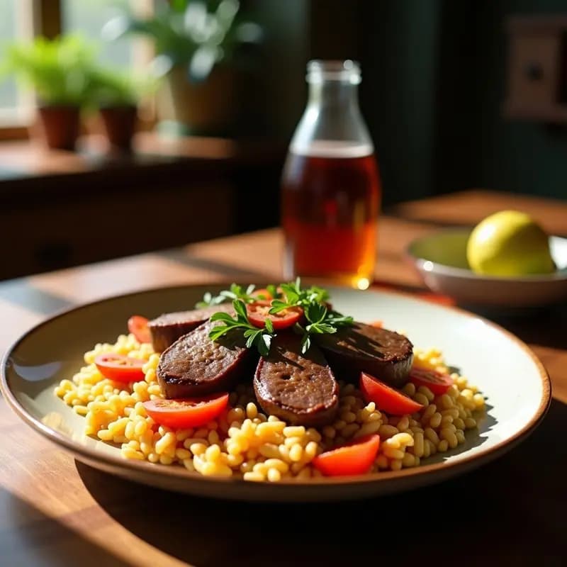 Plato de Lomo Saltado con Arroz y Papa: trozos de ternera salteada con cebolla morada, tomate y ají amarillo sobre arroz jazmín blanco, acompañado de papas nativas doradas y crujientes. Decorado con cilantro fresco y un toque de aceite de sésamo, resaltando el sabor umami de la fusión peruana-china.