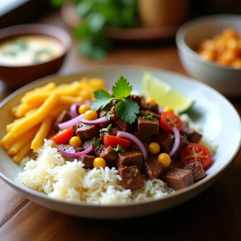Plato hondo de cerámica blanca con Lomo Saltado Peruano: trozos dorados de lomo de res salteados con cebolla morada, tomate y ají amarillo, acompañados de arroz blanco esponjoso y bastones de papa amarilla crujientes. Decorado con cilantro fresco y rodajas de limón al lado.