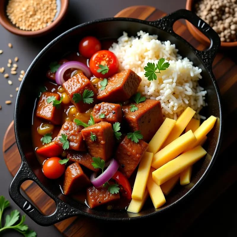 Plato de Lomo Saltado Peruano con arroz blanco esponjoso y papas fritas doradas, salteado de carne de res en trozos con cebolla morada, tomate y ají amarillo, decorado con culantro fresco.