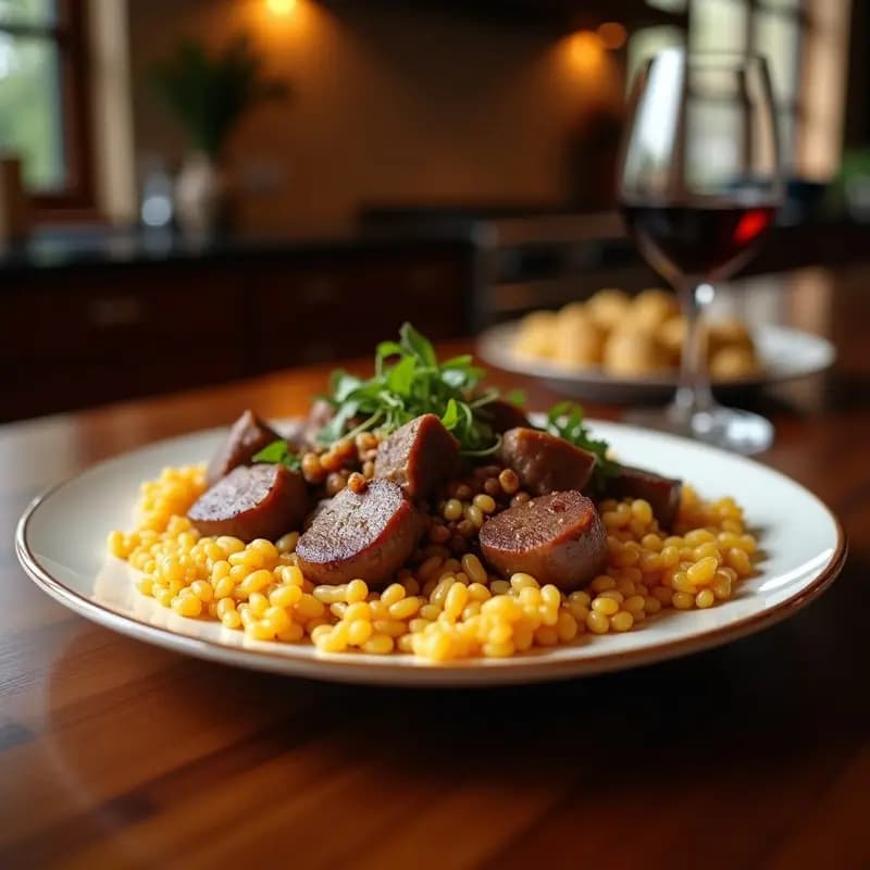Plato hondo de cerámica blanca con Lomo Saltado Peruano-Chino: tiras de lomo de cerdo salteado con cebolla morada, tomate y patatas fritas doradas, servido sobre arroz blanco esponjoso, decorado con cilantro fresco y un brillo de salsa de soja.