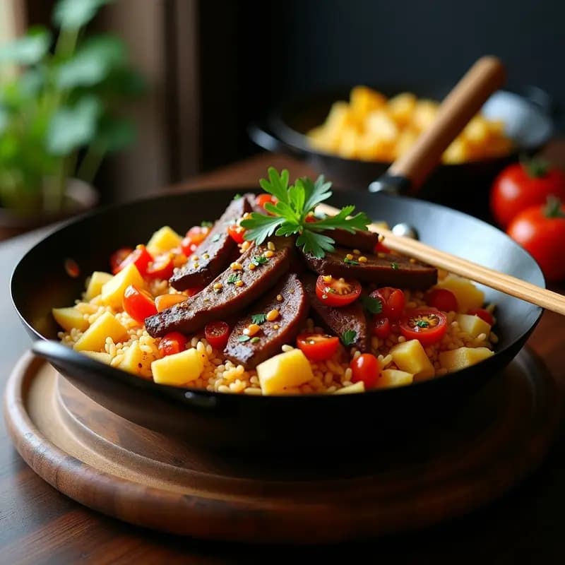 Wok negro humeante con Lomo Saltado Peruano-Chino: tiras de ternera jugosa, patatas fritas doradas y crujientes, cebolla morada y tomates salteados en salsa de soja, servido sobre arroz jazmín blanco esponjoso. Decorado con culantro fresco y rodajas de limón.