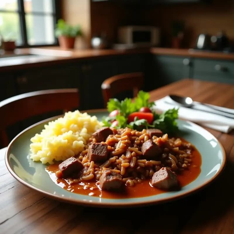 Plato hondo de cerámica blanca con Lomo Saltado Peruano: tiras de carne dorada salteada con cebolla roja, tomate y patatas en cubos, acompañado de arroz basmati esponjoso y decorado con cilantro fresco. Receta fusión china-peruana en sartén.