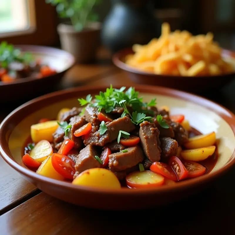 Plato hondo de barro con lomo saltado peruano: tiras de carne jugosa, papas amarillas doradas y crujientes, cebolla morada, tomate y culantro fresco. Receta clásica en sartén antiadherente con fondo borroso de cocina tradicional.